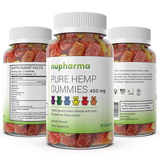 Pure Hemp Gummies 450mg- 15mg per Gummy- 30 ct- Organic Full Spectrum Hemp Extract- Promotes Relief from Stress, Anxiety, Pain, Nausea- Sleep Better by Nupharma