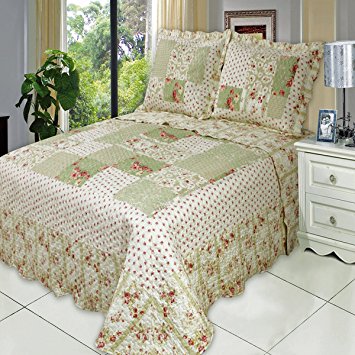 Deluxe Floral Upland Oversized Bedspread Coverlet Set. Soft colored floral look of green, and red. Bed Cover Quilt 3 Pieces Full / Queen Set