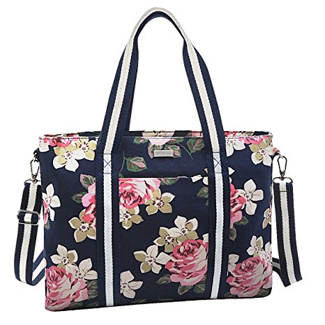 Mosiso Laptop Tote Bag (Up to 15.6 Inch), Canvas Classic Rose Multifunctional Work Travel Shopping Duffel Carrying Shoulder Handbag for Notebook, MacBook, Ultrabook and Chromebook Computers, Dark Blue