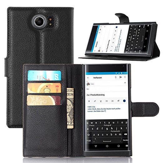 BlackBerry Priv Case [Leather Wallet Case] [Drop Protection], Popsky Lichee Lines Stand Flip Case with Built-in Card Slots and Cash Compartment Premium PU Leather Case Cover (Black)