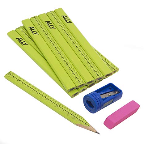 ALLY Tools 12 PC Neon Green Carpenter Pencil Kit with Printed Metric/Inch Ruler INCLUDES Sharpener and Pink Eraser Ideal For Precision Marking on Wood, Stone, and Concrete