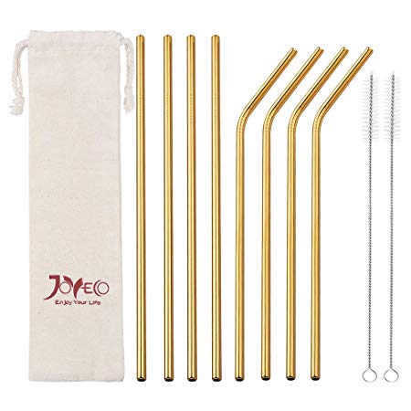 JOYECO Stainless Steel Drinking Straws, Gold Reusable Drink Straw for 20oz Tumblers Rumblers Cold Beverage (Set of 8,4 Bent 4 Straight   2Brushes)