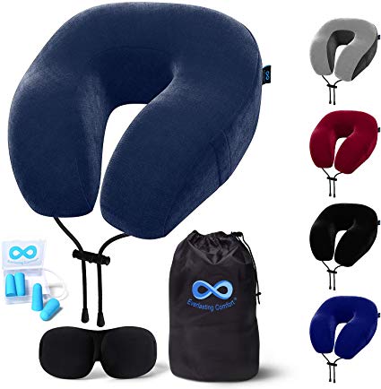 Everlasting Comfort Travel Pillow - 100% Pure Memory Foam Neck Pillow - Includes Eye Mask and Earplugs (Navy Blue)