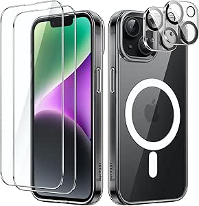 JETech 5 in 1 Magnetic Case for iPhone 14 6.1-Inch with 2-Pack Tempered Glass Screen Protector and Camera Lens Protector, Compatible with MagSafe, Shockproof Bumper Phone Cover (Black)