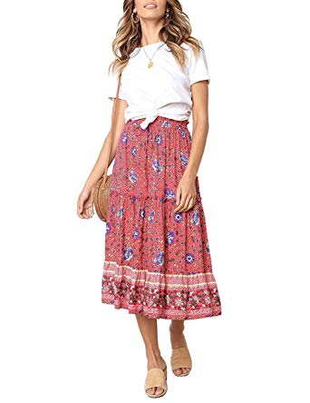 MEROKEETY Women's Boho Floral Print Elastic High Waist Pleated A Line Midi Skirt with Pockets