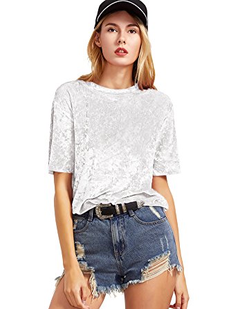 ROMWE Women's Velvet O Neck T-Shirt Tee Top Blouse