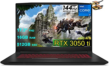 MSI Katana GF76 17 Gaming Laptop 17.3” FHD IPS 144Hz Display 11th Gen Intel 8-Core i7-11800H 16GB RAM 512GB SSD GeForce RTX 3050 Ti 4GB Backlit USB-C Nahimic Win10 Black   HDMI Cable