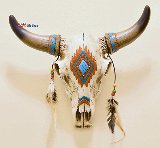 BestGiftEver Wall Hanging Rustic Southwest Tribal Style Bull Head Skull with Feathers, Beads & Faux Turquoise Stone