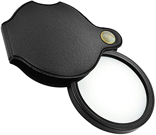 Rbenxia 10X Mini Pocket Magnifying Glass (Black) Folding Pocket Magnifier Loupe with Rotating Protective Holster Leather Pouch for Reading,Science Class,Hobby, 60mm/2.4''