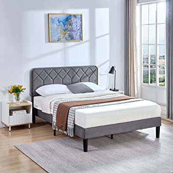 VECELO Full Size Bed Frame Premium Leather Upholstered Platform with Height Adjustable Headboard/Mattress Foundation, Solid Wooden Slat Support, No Box Spring Needed/Easy Assembly