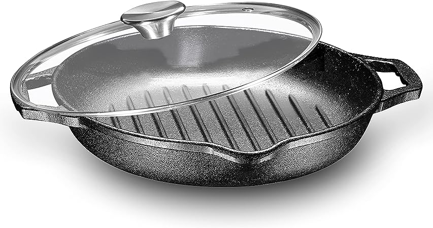 Pre-seasoned Deep Round Grill Cast Iron Griddle Pan with Glass Lid 10 Inch Non-Stick Round Frying Pan Cast Iron Skillet with Double Loop Handles   Lid Safe for Oven, Induction, and all Cooking tops