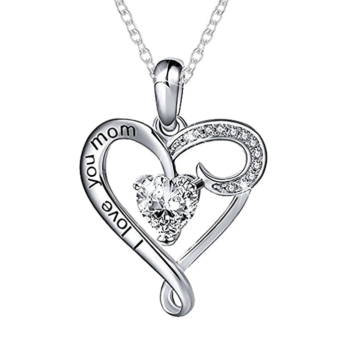 HACOOL Mother's Day gift 925 Sterling Silver Jewelry I Love You Mom Love Heart Pendant Necklace