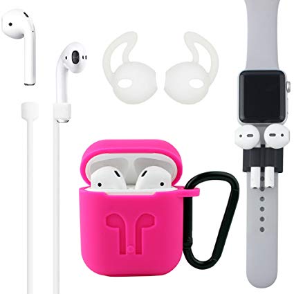 Airpods Case, [Airpods Accessories Set][Airpods Ear Hook][Airpods Watch Band Holder][Airpods Keychain][Airpods Strap][Silicone Cover] Best Kit[XCITING] for Apple AirPods Charging (Rose Red Kit)