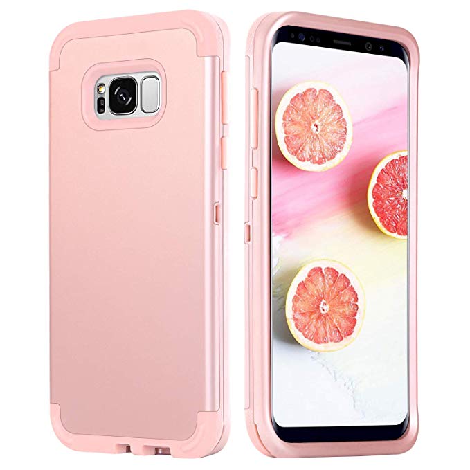 Galaxy S8 Case, Case for Samsung Galaxy S8, DUEDUE 3 in 1 Shockproof Heavy Duty Hybrid Hard PC Soft Silicone Rubber Rugged Bumper Full-Body Protective Cover Case for Woman Girls,Rose Gold