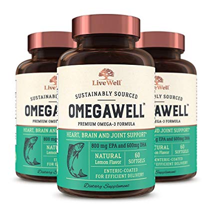 OmegaWell Fish Oil: Heart, Brain, and Joint Support | 800 mg EPA 600 mg DHA - Natural Lemon Flavor, Enteric-Coated, Sustainably Sourced - Easy to Swallow 90 Day Supply