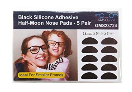 GMS Optical® Premium Silicone 3M Adhesive Half Moon Nose Pads 13mm x 6mm - Ideal for Smaller Frames (5 Pair) (Black)