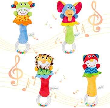 ThinkMax 4pcs Rattles Shaker Soft Baby Stuffed Hand Grip Sticks with Teether Cute d Animal Toy Infant Developmental Hand Grip for 0- 12 Months