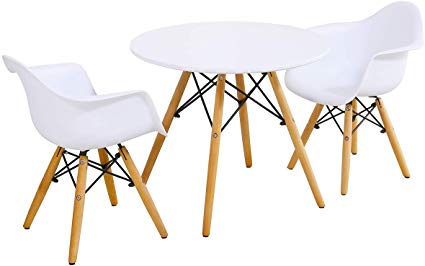 Costzon Kids Mid-Century Modern Style Table Set, Kids Table and 2 Chair Set, Round Table with Armchairs for Toddler Children, Kids Dining Table and Chair Set (White, Table & 2 Chairs)
