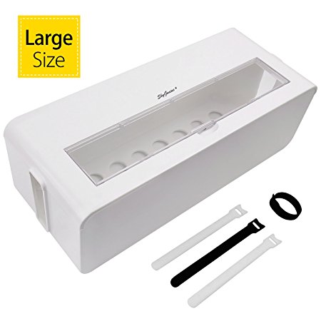 Large Cable Management Box Organizer - 15 x 6.1 x 4.9 inch, White Cord Organizer Wire Storage Box for Power Strips/ Surge Protector(W/ 4pcs Velcro Ties)