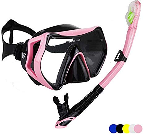 WACOOL Snorkeling Package Set for Adults, Anti-Fog Coated Glass Diving Mask, Snorkel with Silicon Mouth Piece,Purge Valve and Anti-Splash Guard.