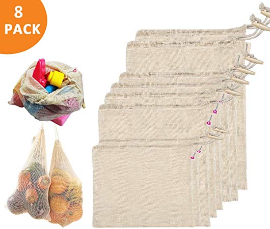 Reusable Mesh Produce Bags (Set of 8) Unbleached Cotton - with Drawstring and Tare Weight. - with Drawstring and Tare Weight. (Cotton, 2Larges,4Mediums,2Smalls)