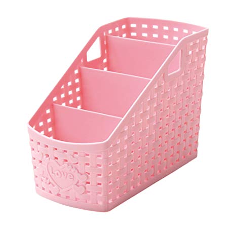 JINBEST Multifunctional 4 Grid Storage Basket Plastic Rattan Plaited Desktop Organizer Basket for Home and Office (Pink)