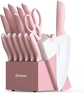 Astercook Knife Set, Kitchen Knives Set with Block and Sharpener Ceramic Coating 15 Pcs German Stainless Steel Knives Sharp Blade Dishwasher Safe Knife Block Set with Ergonomic Handle, Crystal Pink