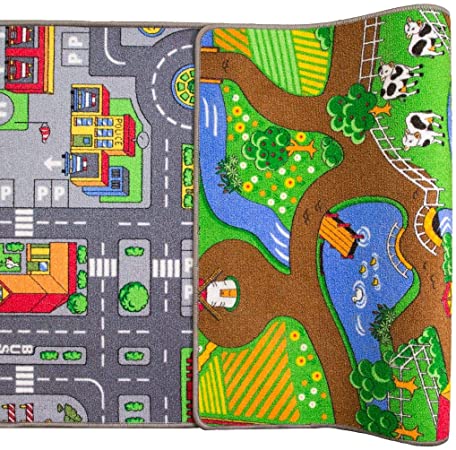 Children's Double Sided Play Village Farm Mat Town City Car Roads Rug