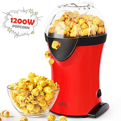 Popcorn Popper, SIMBR Hot Air Popcorn Maker with Measuring Spoon and Large Lid for Serving Bowl and Convenient Storage, 1200W Electric Popcorn Machine, No Oil Need