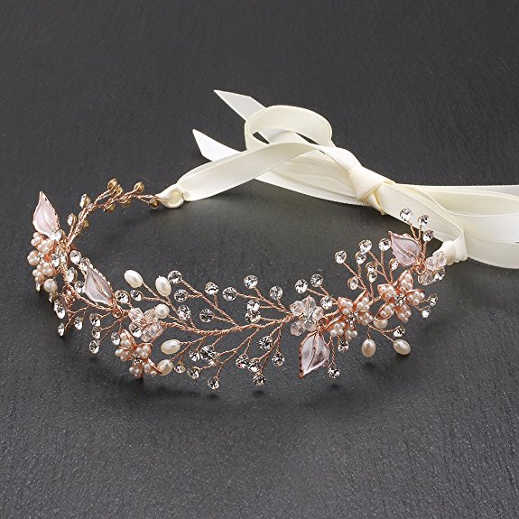Mariell Rose Gold Freshwater Pearl and Crystal Bridal Hair Vine Ribbon Headband