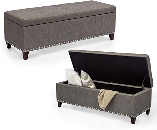Adeco Classic Rectangular Large Fabric Ottoman Bench with Storage, 48x17x16, Gray