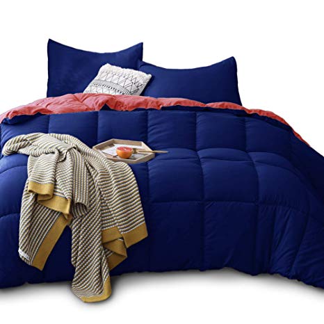 KASENTEX All Season Down Quilted Comforter - Hypoallergenic Duvet Insert - Machine Washable (Navy/Coral, Queen Set)