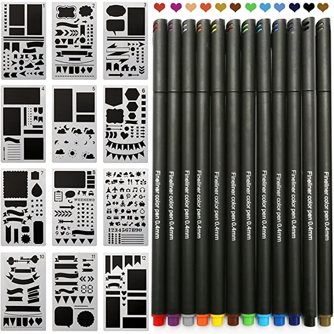 24 PCS Journal Stencils and Pens Set,Plastic Journal Stencil and Journal Pens for Journal/Notebook/Diary/Scrapbook DIY Drawing Template
