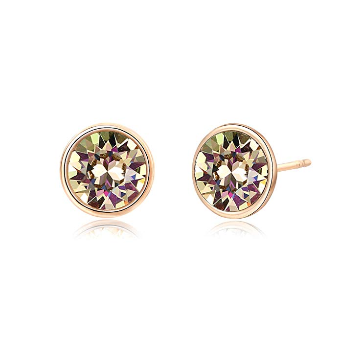 Crystals from Swarovski, 8MM Round-Cut Crystals Earrings with 14k Gold Plated Post, Hypoallergenic Earrings