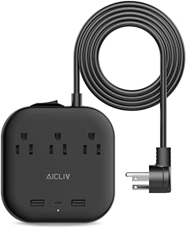 Power Bar with USB C, Aicliv Power Delivery Power Strip with 3 Outlets and 45W 3 USB Ports(1 30W PD Port, 2 USB-A) Fast Desktop Charging Station, Flat Plug, 5 ft Extension Cord, 1625W/13A, Black