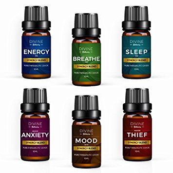 Aromatherapy Essential Oil Blend Set of top 6 Pure Therapeutic Grade Oils 10 ml Synergy Blends include Breathe Sleep Anxiety Mood Energy and Thief Protection - Valentines Gifts Blended in USA