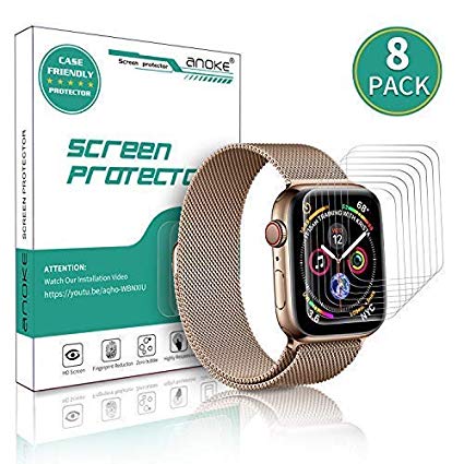 [8 Pack] AnoKe for Apple Watch iWatch 40mm/38mm Screen Protector (Series 4 /Series 3/2/1), Liquid Skin [Max Coverage] Curved Edge Case Band Friendly Lifetime Replacement Warranty