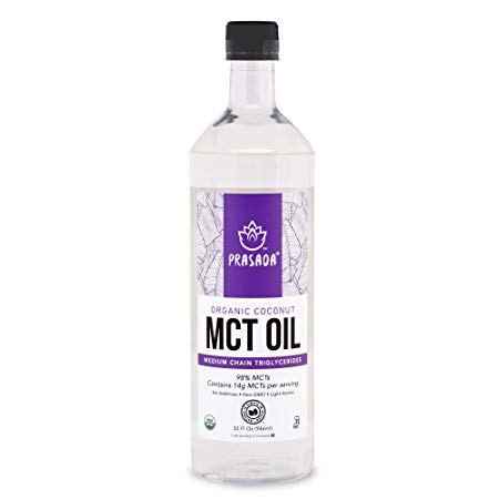 Prasada Organic MCT Coconut Oil (32oz) | 14g MCTs per Serving | USDA Organic, Non-GMO, BPA-Free Food-Grade Plastic Bottle | Keto Friendly | C8: 7.7g, C10: 6.1g