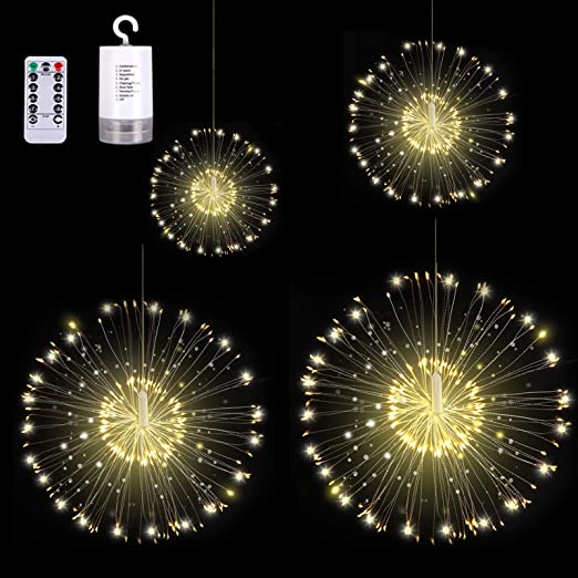 Haliluya 4 Pack Firework Lights , 4x120 LED Copper Wire Hanging Starburst Lights, 8 Modes Battery Operated Fairy String Lights with Remote for Wedding, Party, Christmas, Indoor Outdoor (Warm White)