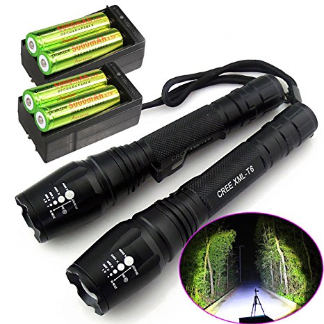 2 set of 2000 Lumen Zoomable CREE XM-L T6 LED 18650 Flashlight Torch with Battery and Charger