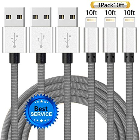 iPhone Cable SGIN, 3Pack 10FT Nylon Braided Cord Lightning Cable Certified to USB Charging Charger for iPhone 7,7 Plus,6S,6 Plus,SE,5S,5,iPad,iPod Nano 7 - Grey