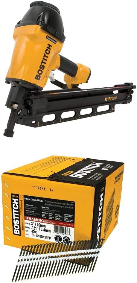 BOSTITCH F21PL Round Head 1-1/2-Inch to 3-1/2-Inch Framing Nailer with Positive Placement Tip and Magnesium Housing with RH-S10D131EP Round Head Plastic Collated Framing Nail (4,000 per Box)