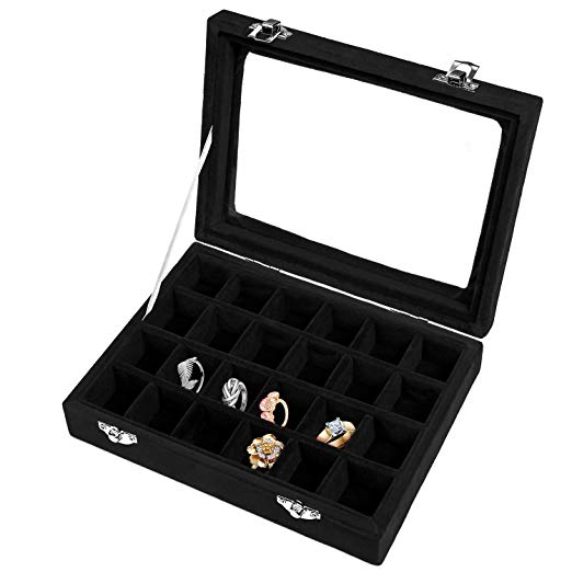 Basuwell 24 Grid Velvet Jewelry Tray for Drawers Glass Clear Lid Showcase Display Storage Ring Trays