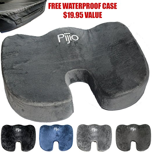 Pijio Coccyx Orthopedic Comfort Memory Foam Seat Cushion - Water Proof Cover Included Free - Relieves Sciatica, Back Pain, Tailbones, Spine, Hips (Gray)