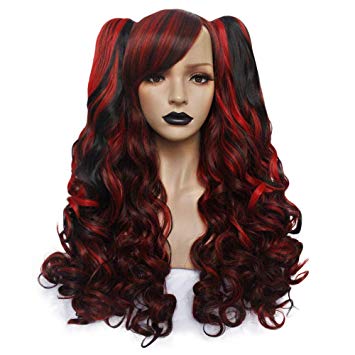 Anogol Hair Cap Red Cosplay Wig Synthetic Wig With Black And Red For Girls Cosplay Costume Wig For Cosplay Party Halloween Wig