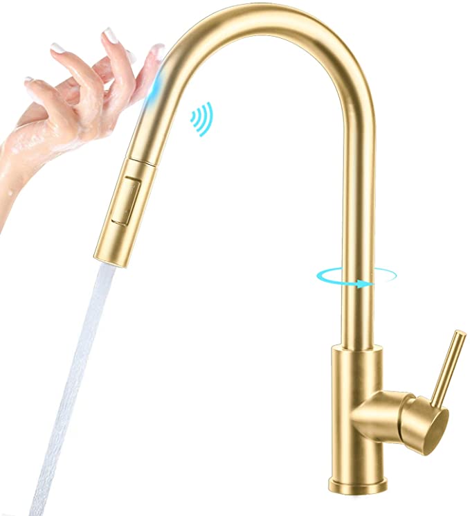 Wonder4 Touch Kitchen Faucet with Pull Down Sprayer, Single Handle Smart Kitchen Sink Faucets with Pull Out Sprayer, Stainless Steel Touch Activated Faucet, Gold