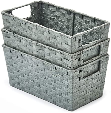 EZOWare Pack of 3 Woven Paper Rope Storage Baskets, Multipurpose Organiser Bins with Handles Perfect for Storing Small Household Item - Grey