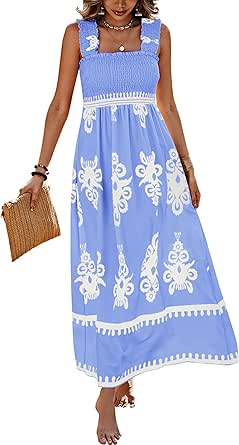 PRETTYGARDEN Womens Summer Boho Maxi Dress Casual Sleeveless Square Neck Floral A Line Smocked Beach Dresses with Pockets