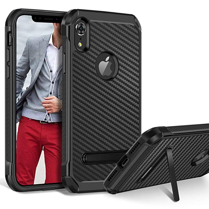 BENTOBEN Case for iPhone XR, Carbon Fiber Texture Protective Kickstand Phone Case Dual Layer 2 in 1 Heavy Duty Hybrid Hard PC Cover Soft TPU Bumper Shockproof Case for Apple iPhone XR 2018 -Black