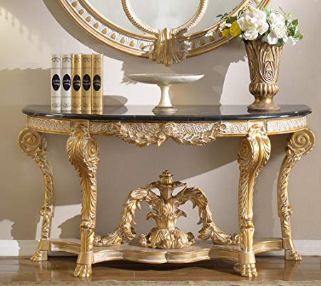 Meridian Furniture 401-T Versailles Console Table with Traditional Handcrafted Designs and Genuine Marble Top, 60" L x 22" D x 32" H, Rich Gold Finish